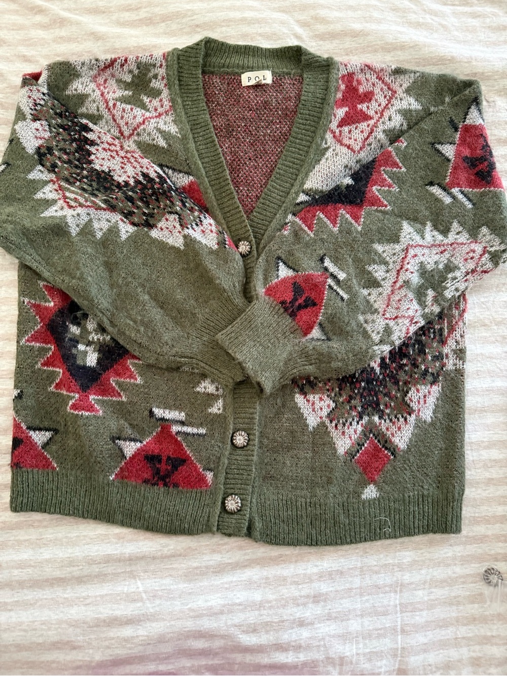 POL Green Tribal Pattern Cardigan with Red and Black Accents